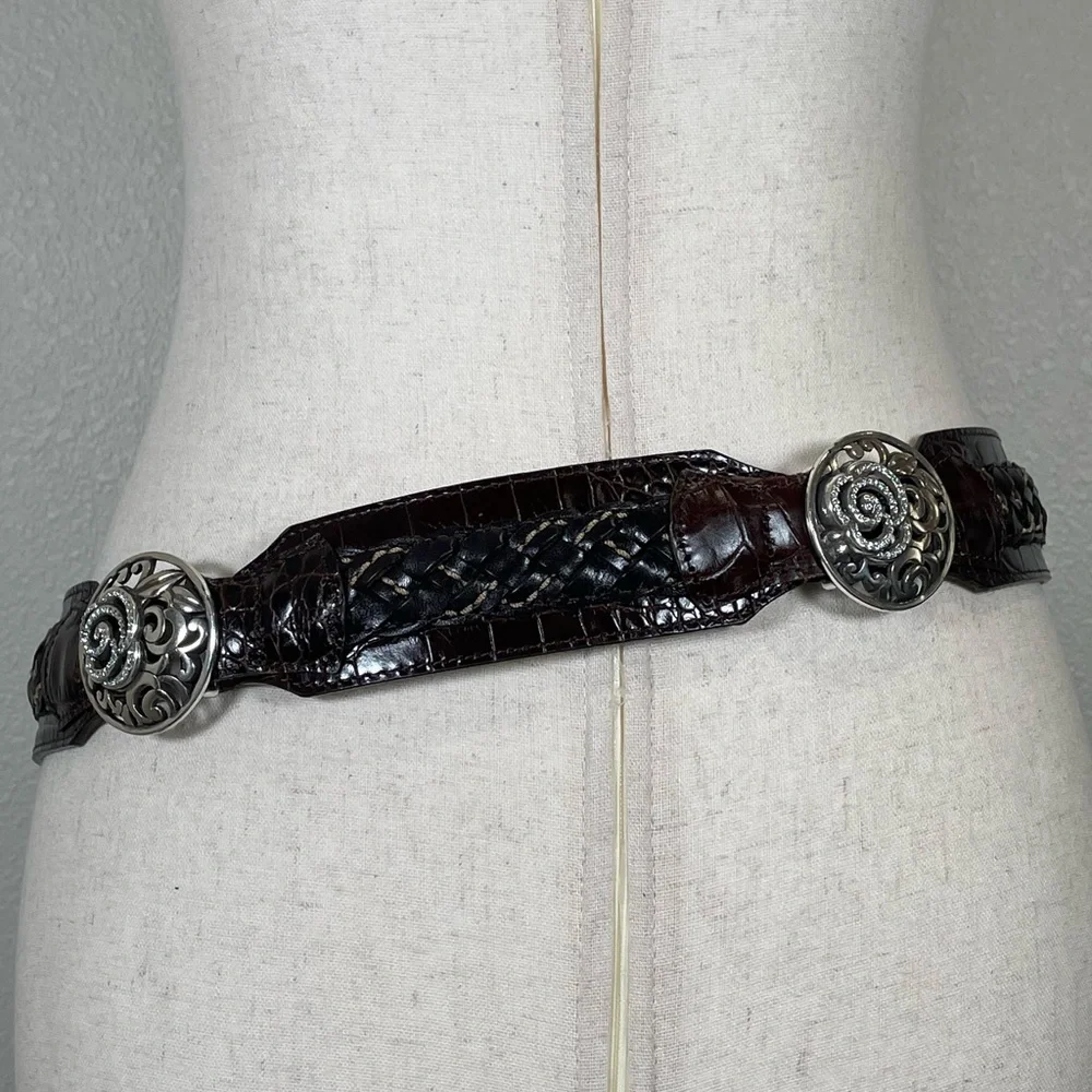 BRIGHTON Belt Brown Woven Croc Leather Concho Rhinestones Silvertone Size 36